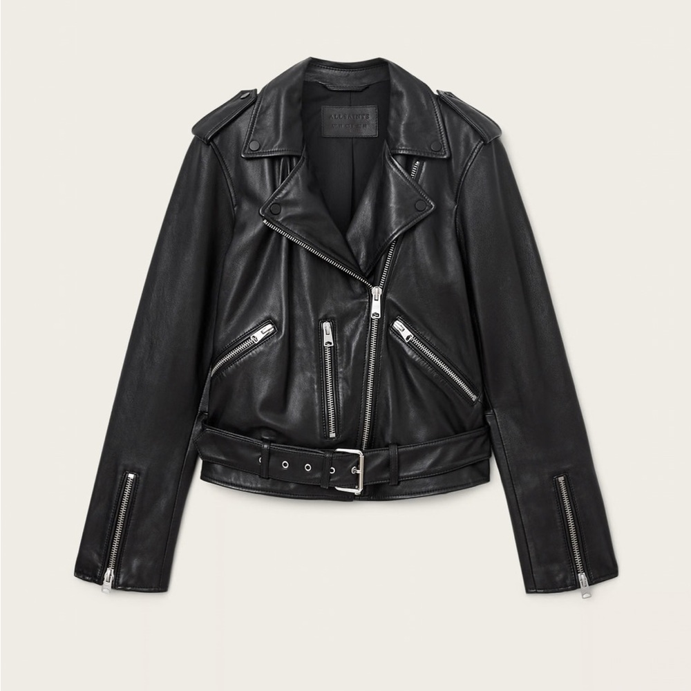 AllSaints Black Leather Moto Biker Jacket US 8 UK 12 Belted Lamb Leather